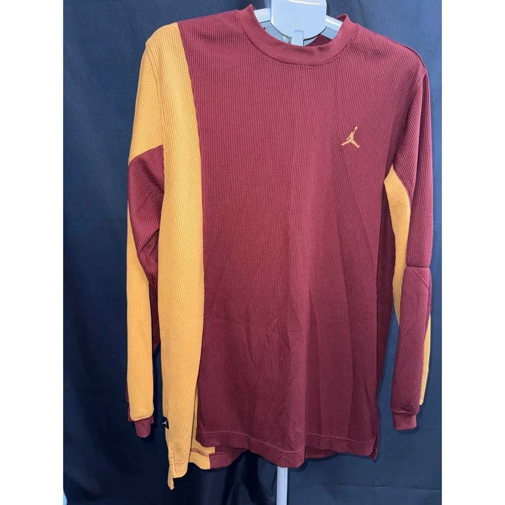 Jordan Brand Mens Waffle Knit Thermal Shirt Burgundy Gold Colorblock Large L